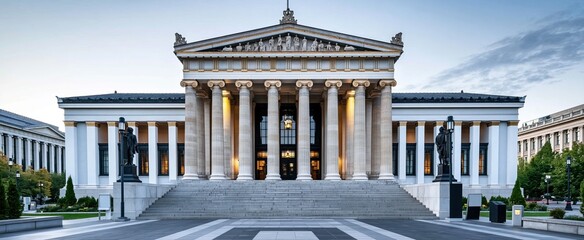 Naklejka premium The imposing museum facade features majestic columns and broad steps, creating an inviting and elegant cultural landmark under a clear sky.