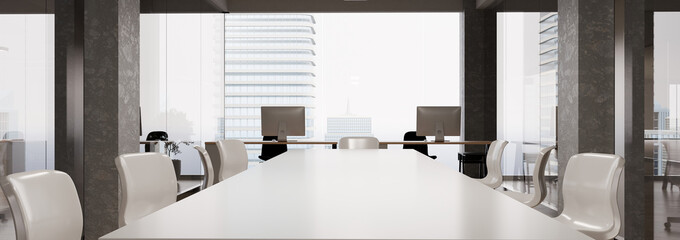 Naklejka premium 3D Render of Modern Corporate Office Workspace with Conference Table and City View