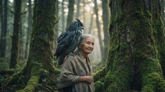 Elderly woman standing with a large grey owl perched on her shoulder in a mossy ancient forest with sunlight filtering through the trees