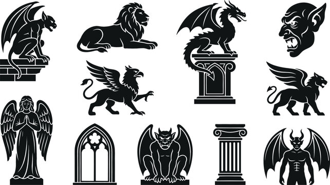 Gothic Cathedral Architecture Sculpture Silhouette Vector Set with Gargoyle Griffin Dragon Lion and Angel Statue Graphic Designs