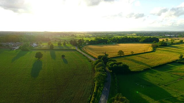 Countryside road winding through green farmland at golden hour. Aerial drone view over rural agricultural landscape with patchwork fields. Summer evening sunlight casting long shadows across scenic