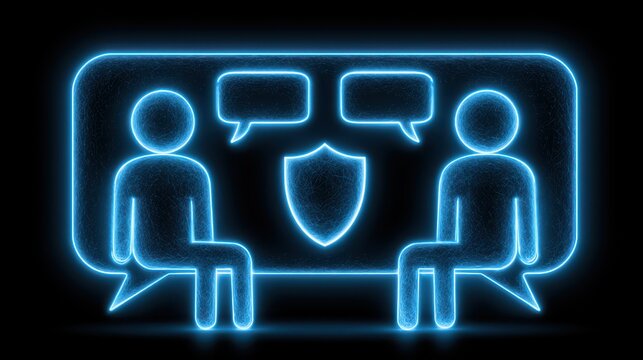Neon blue outline of two people sitting with speech bubbles above and a shield icon between, symbolizing secure communication or privacy.