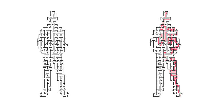 Standing man shaped maze with solution. Male figure silhouette labyrinth, black and white flat vector puzzle game