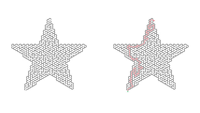Star hexagonal maze with solution. Five point star silhouette hex labyrinth, black and white flat vector puzzle game