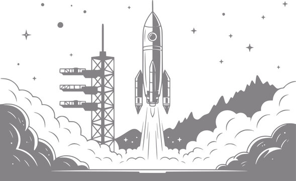 Rocket launch from launchpad with smoke and stars in a stylized