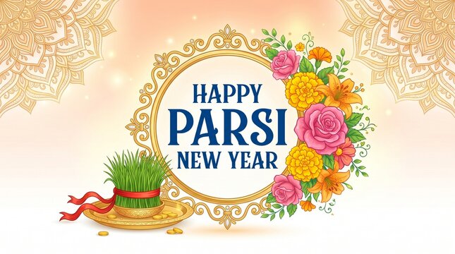 Parsi new year celebration with traditional sabzi grass on golden plate and floral wreath inside circle with happy text festive greeting concept