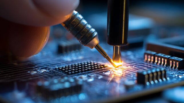 Precision electronic component repair using a soldering iron on a motherboard.