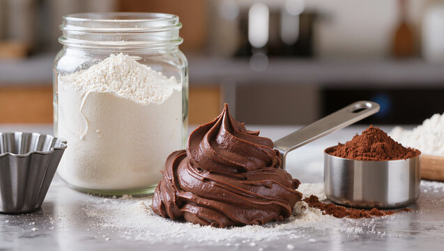 Mini lava cake batter on a spatula next to a jar of flour, a cup of cocoa, and a baking mold on a kitchen counter, symbolizing professional pastry preparation process