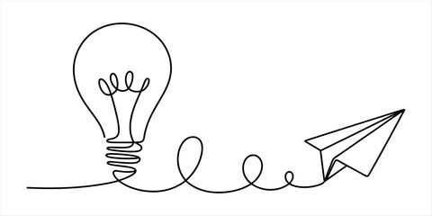 Light bulb connected to paper airplane by single line © Pabon Art Gallery