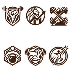 Obraz premium Set of six minimalist fitness and gym logo icons featuring barbells kettlebells athletic figures and motivational symbols for sports branding projects