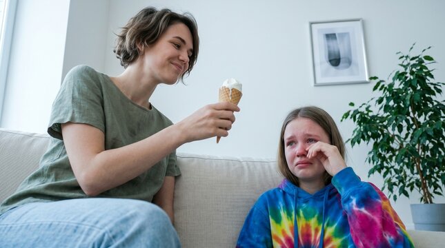 Young Sisters Showing Jealousy and Sharing Conflict on Minimalist Room