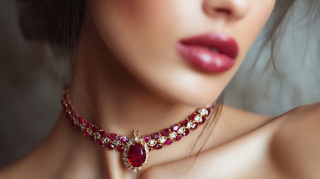 Elegant woman wearing a luxurious ruby and diamond choker necklace.