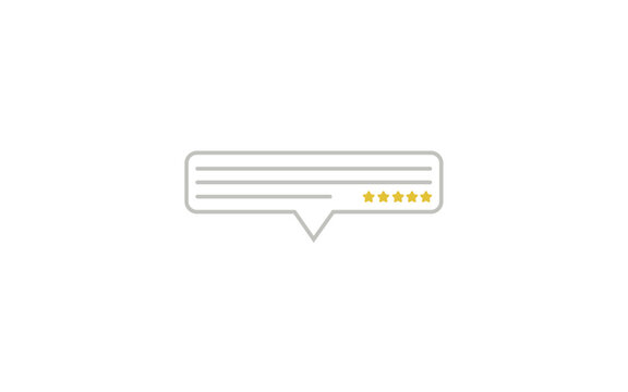 Five Star Review Speech Bubble. Text lines and five yellow stars, representing customer feedback, compliments, and high-rated reviews. Flat Illustrator vector file. High quality image