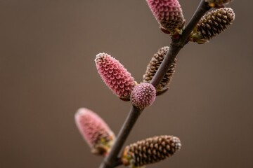 Fototapeta premium Close up branch with pink alder catkins and brown cones in spring. Nature awakens with new growth and delicate flora detail. Background is soft brown.
