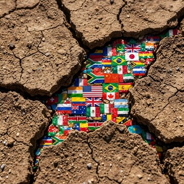 Cracked Earth Revealing Diverse National Flags - Global Unity Concept