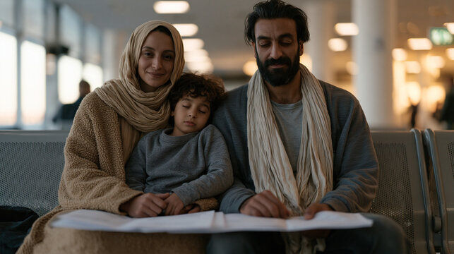 A stateless family at a border processing facility waits on a metal bench, their documents spread on their knees, a child asleep against a parent's shoulder, the bureaucratic
