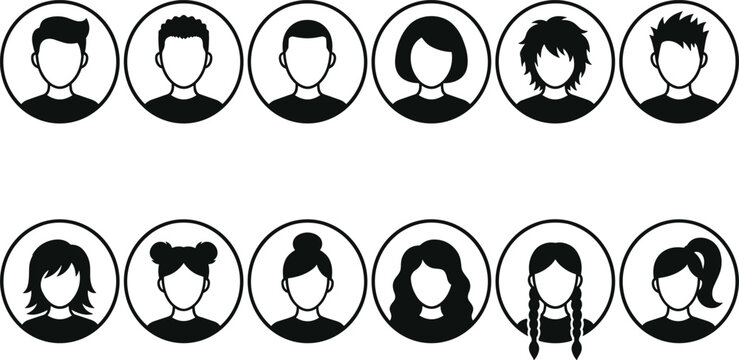 User avatar profile placeholder icon set featuring male and female faces with diverse hairstyles inside circular frames