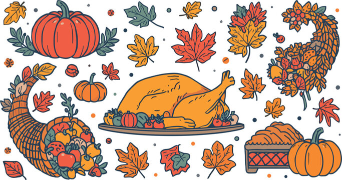 Cute thanksgiving seamless vector pattern with flat pumpkin turkey cornucopia and autumn maple leaves for textile design