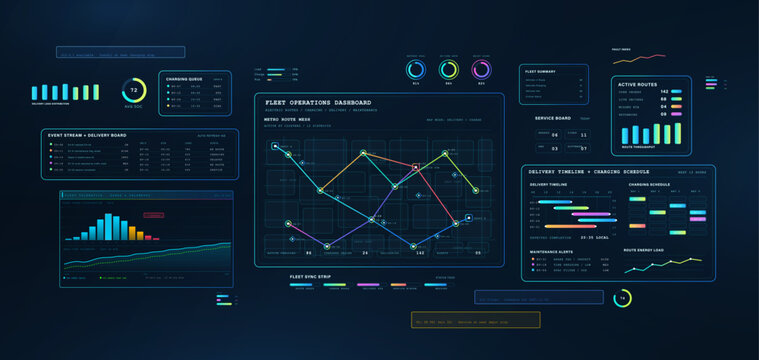 Electric Fleet Operations Dashboard with Route Map HUD. Sci-fi Electric fleet operations dashboard with route map HUD, UI, UX, charging schedule, vehicle info. Vector Sci-fi HUD dashboard