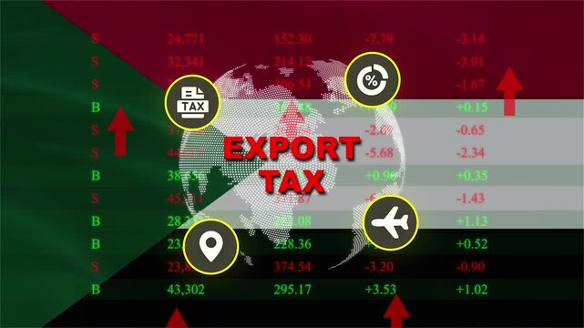 Export Tax Illustration: A dynamic graphic illustrating the concept of export tax, with a backdrop of a nation's flag, a globe, financial charts, and relevant icons.