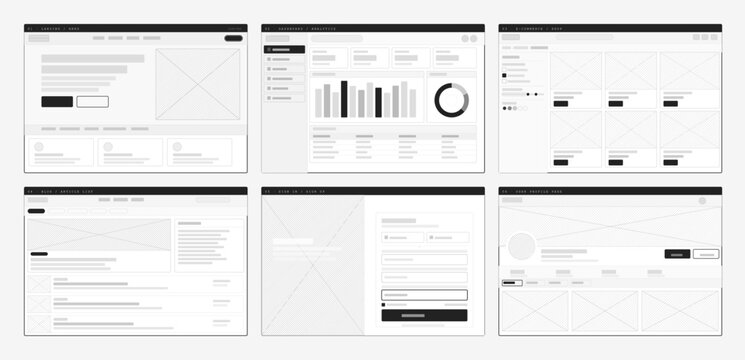 Website Wireframe Layouts and UI Mockup Templates Set. Website wireframe templates set with landing, dashboard, ecommerce, blog, signin and profile pages, UI mockup layouts for web design. Vector