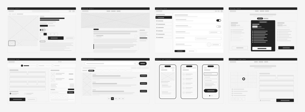 Web and Mobile Wireframe Templates UI Mockup Set. Wireframe UI templates set with product, article, settings, pricing, checkout, search, mobile app. Mockups landing page, app, website