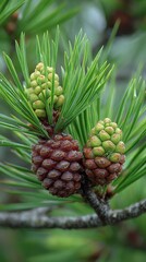 Obraz premium Fresh green pine needles surround young cones on a branch, set against a soft blurred background for botanical or nature themes.