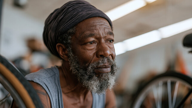 A middle-aged unhoused man in a community center workshop carefully repairs a bicycle under fluorescent lights, his focused dignified expression challenging every assumption about