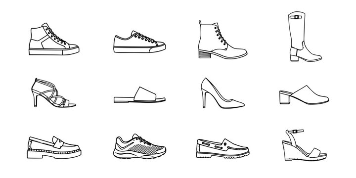 Shoes Illustration Grid Featuring Sneakers, Boots, Heels, Loafers, and Casual Footwear on a Clean White Background