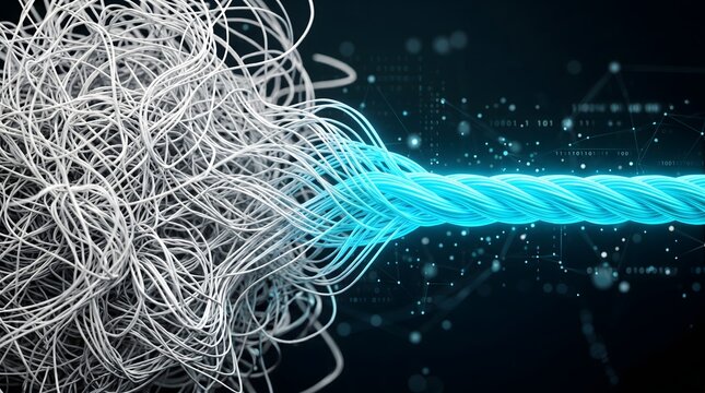 A highly detailed macro shot captures tangled white wires transforming into a single organized blue cable.