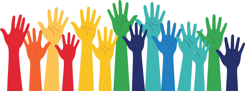 Diverse hands raised for health awareness community support and wellbeing illustration