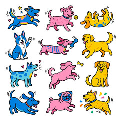 Fototapeta premium cute cartoon dogs and playful puppies a happy collection of diverse pet animals in various poses ideal for childrens designs.