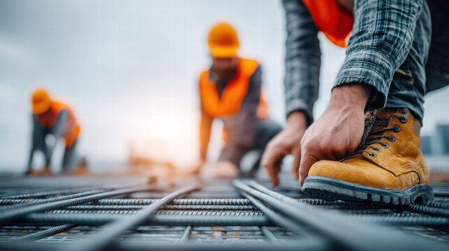 A construction worker is focused on the rebar while working on a building project.
