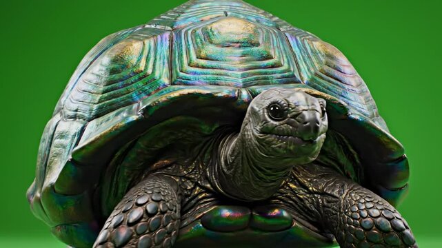 Tortoise walking slowly on a vibrant green background with cinematic motion and shallow depth of field