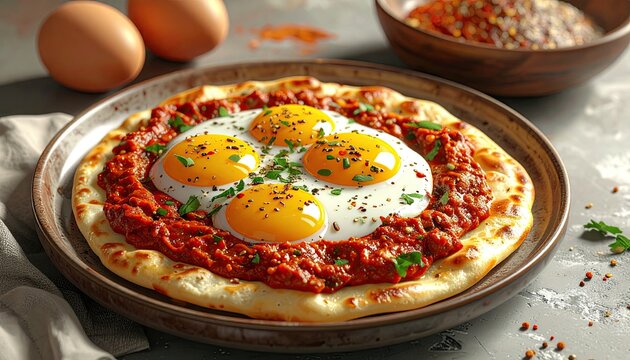 Delicious Shakshuka with Four Eggs on a Rustic Plate.