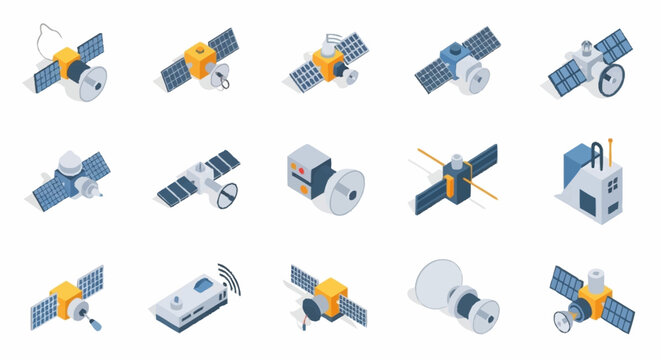 Collection of isometric satellite icons representing various spacecraft designs and functions in space exploration and communication.