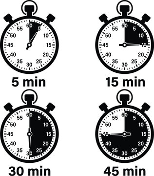 Stopwatch Timer Icon Set Displaying Five Fifteen Thirty and Forty Five Minutes Intervals for Sports Training Cooking and Productivity Tracking