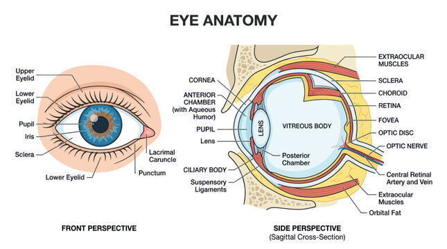 Human eye anatomy diagram with front and side cross section views