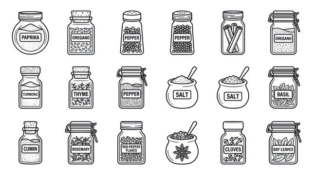 Spice and herb glass jars collection with various seasoning labels