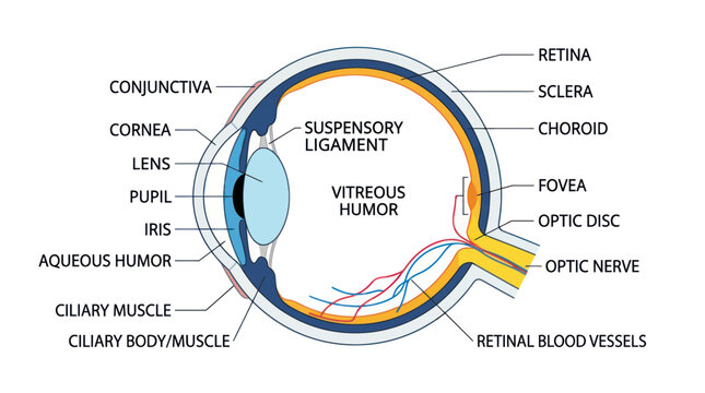 Human eye anatomical diagram with labeled internal structures
