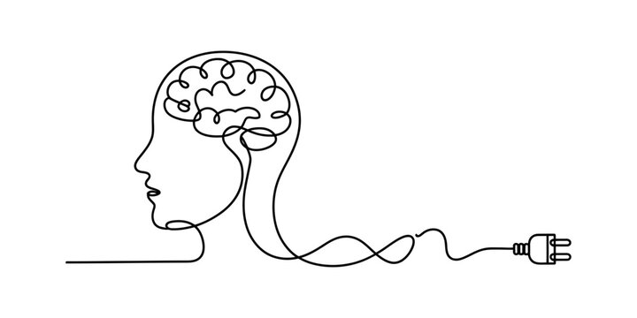 Human head profile with brain and power plug line art