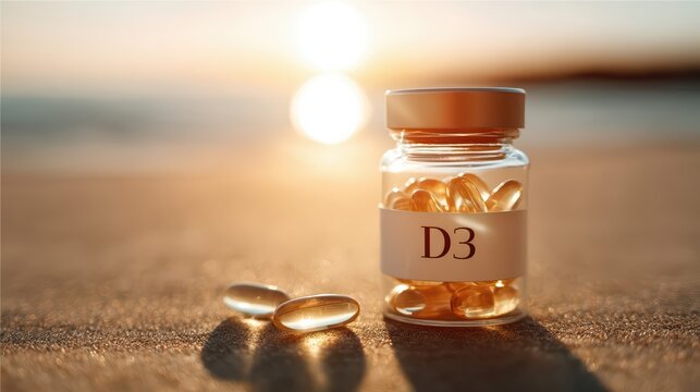 A bottle of vitamin D3 supplements sits on sunlit sand by the beach. Golden capsules gleam in the light, symbolizing health, wellness, and natural nutrition.