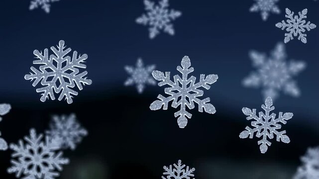 Beautiful snowflakes gently falling against a dark background. Capturing the essence of winter and the magic of the holiday season