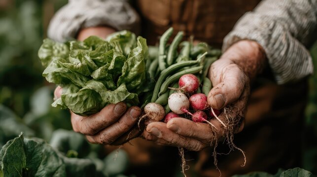 A farmer's hands present freshly harvested lettuce, green beans, and radishes. The earthy scene highlights organic farming and the beauty of homegrown produce.