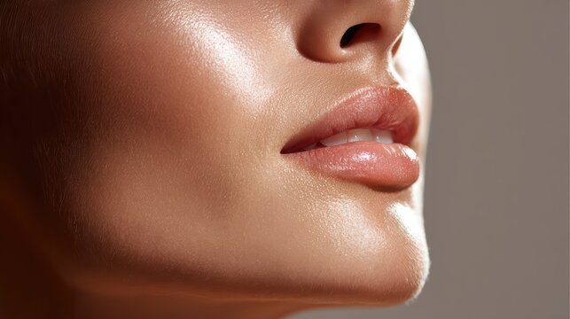 A closeup of glossy lips and radiant skin highlights facial beauty and smooth texture. The image captures youthful freshness, perfect for skincare and makeup concepts.