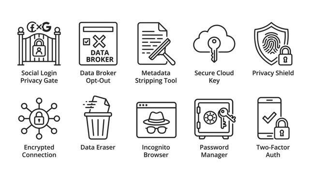 A grid of ten blackandwhite digital security icons with labels beneath each illustration
