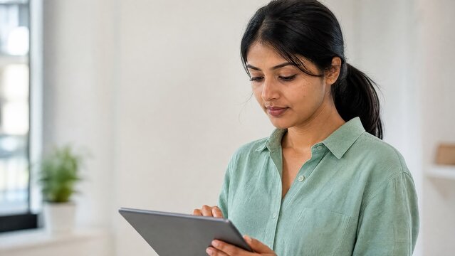 Generative AI, Woman using tablet while standing indoors
