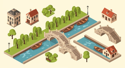 Isometric illustration of a charming European canal town with bridges, boats, and houses. © Agus