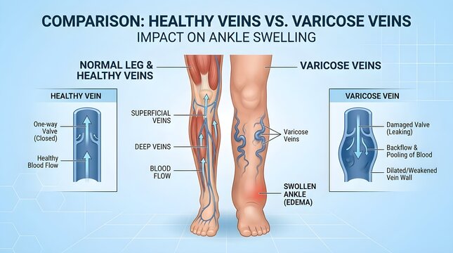 Varicose Veins vs Healthy Veins Comparison and Swollen Leg Edema Diagram