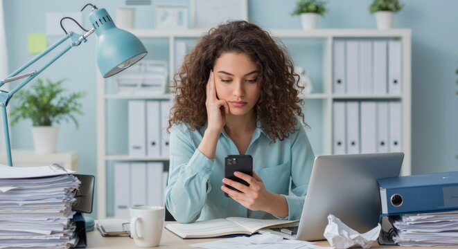 Young woman looking at phone at a busy office desk. Female student checking social media, texting message, reading news.